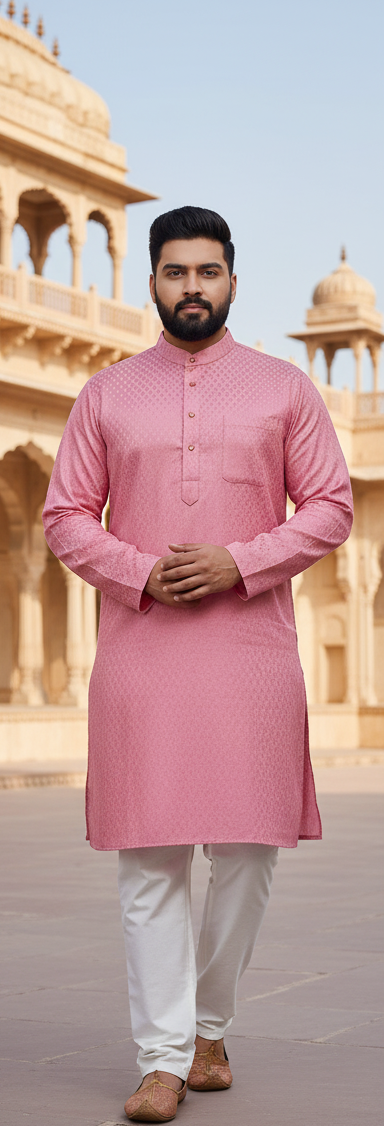 KPD4010 Jacquard Pink Kurta White Pyjama Set