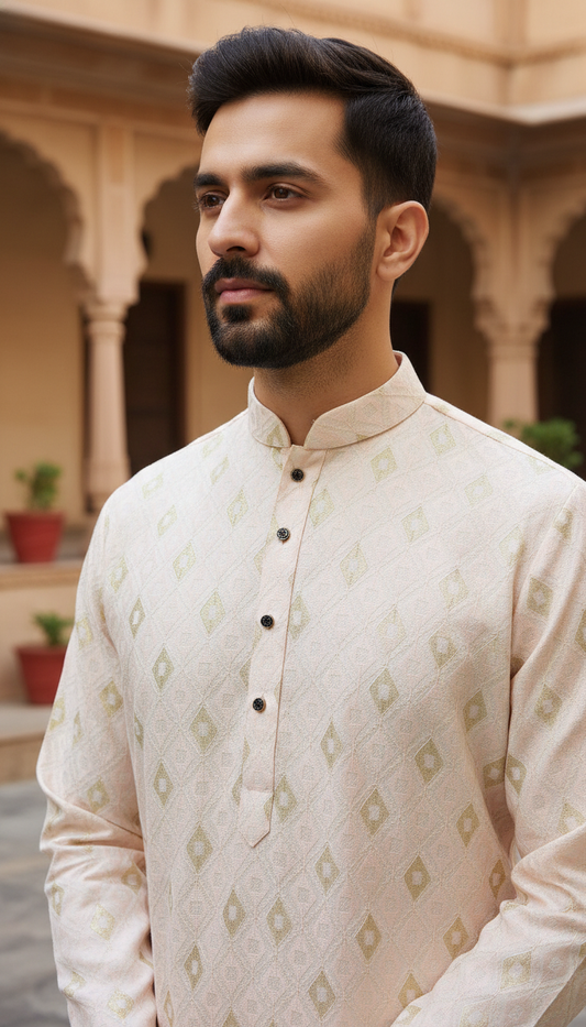 Man wearing a pink kurta with black buttons in an outdoor setting