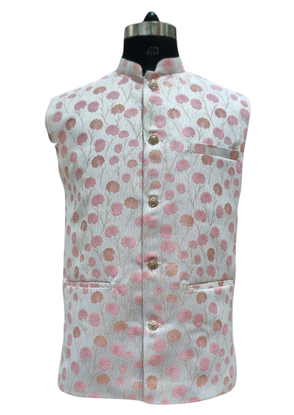 KPJ7002 White Nehru Jacket With Pink Design For Men