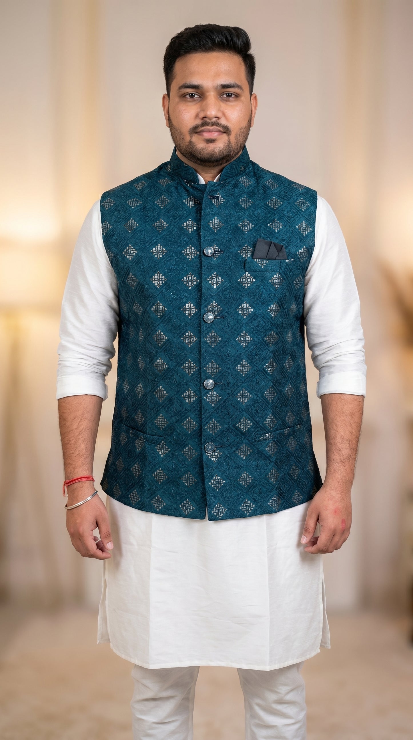 KPD5296 Plus Size Teal Heavy Work Nehru Jacket