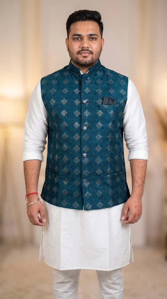 KPD5296 Plus Size Teal Heavy Work Nehru Jacket