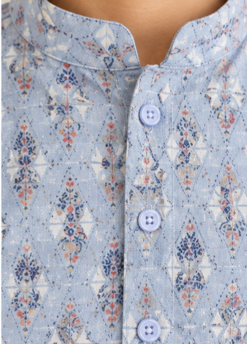 KPK5023 Powder Blue Printed Kurta with White Pyjama Set for Boys