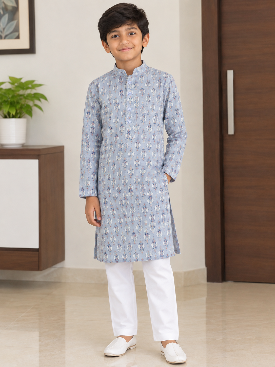 KPK5023 Powder Blue Printed Kurta with White Pyjama Set for Boys