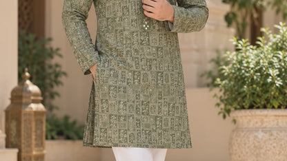 KPD6018 Sage Green Printed Kurta with White Pyjama Set
