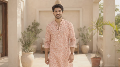 KPD6092 Peach Floral Printed Sequin Work Kurta with White Pyjama Set