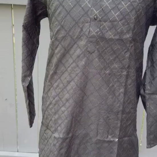 designer grey kurta paired with pyjama for men