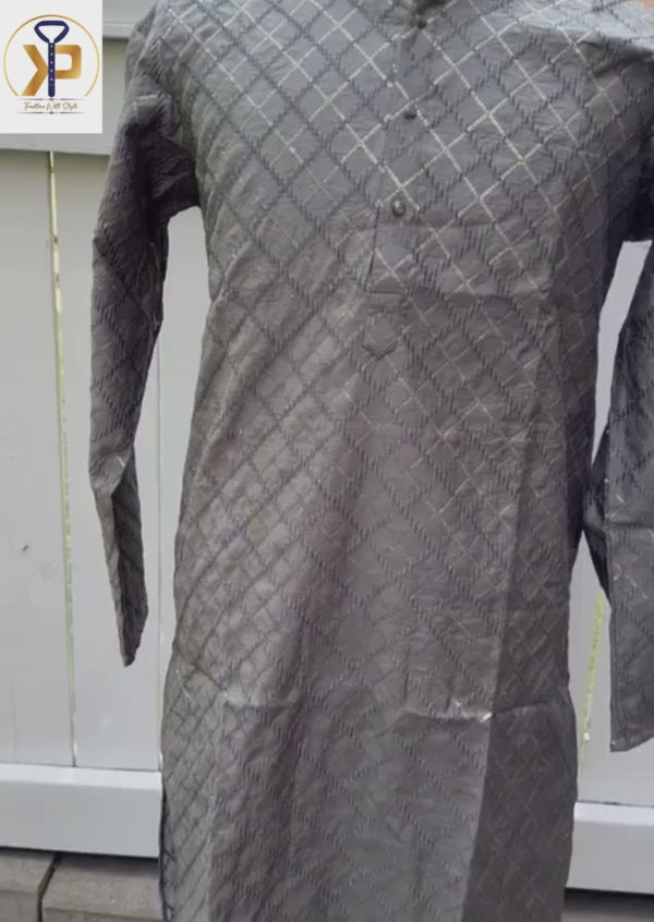 designer grey kurta paired with pyjama for men