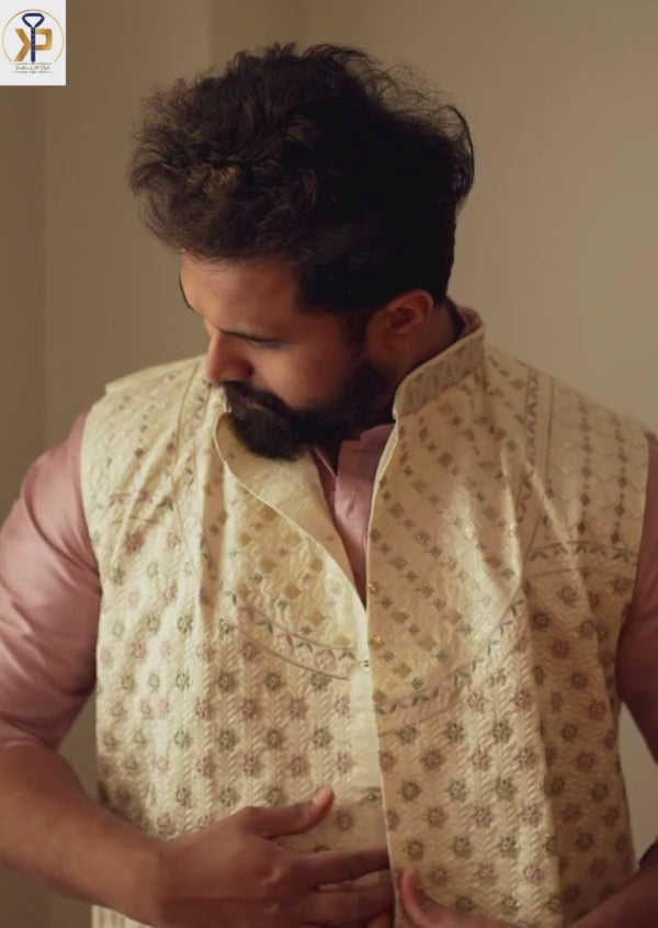 Pink Kurta Pyjama Paired with a White Designer Nehru Jacket