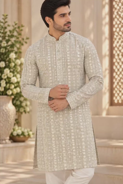 KPD6002 Sage grey sequins work kurta with White Pyjama