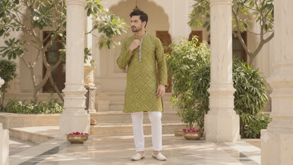 KPD6020 V-Neck Lime Green Printed Kurta with White Pyjama Set