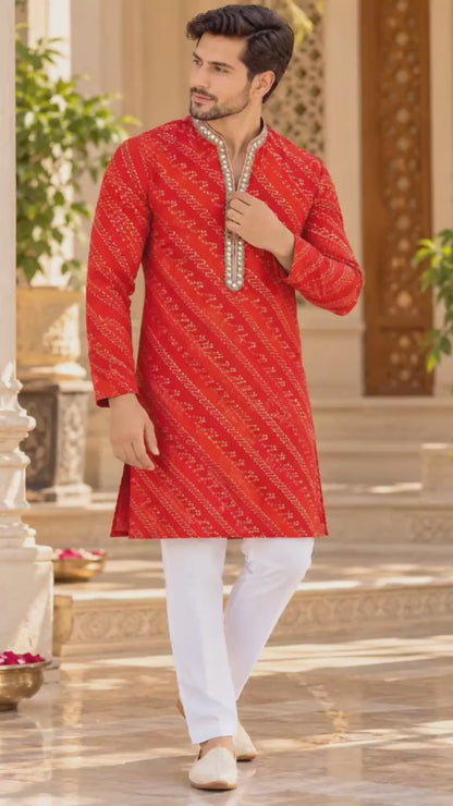 KPD6021 V-Neck Red Bandhani Printed Kurta with White Pyjama Set