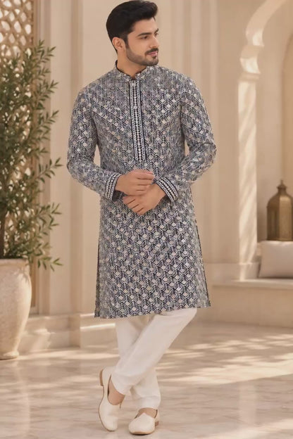KPD4134 Navy blue thread and gold sequins work kurta with White Pyjama