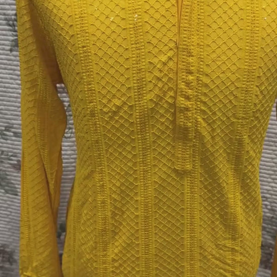 Men's Yellow Mango Shade Chikankari Sequence Kurta Pyjama Set