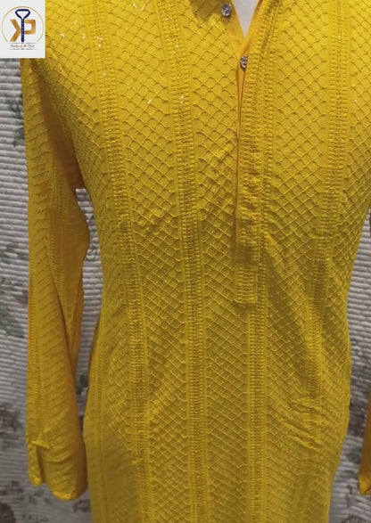 Men's Yellow Mango Shade Chikankari Sequence Kurta Pyjama Set