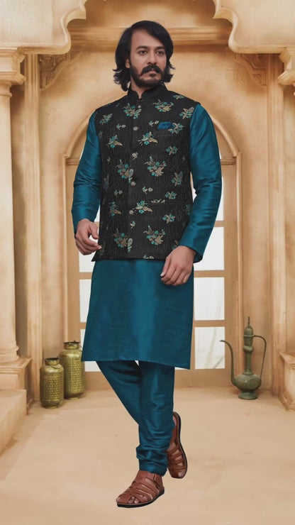 KPD2010 Turtle Blue Kurta Pyjama Set With Designer Black Jacket (Koti) and Pocket Square