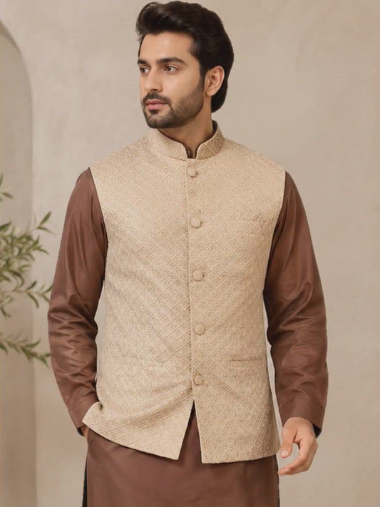 KPD6261 Beige Gold Nehru Jacket With Brown Kurta Pyjama Set