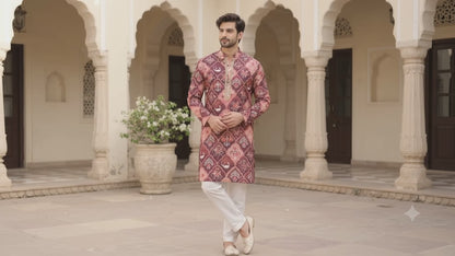 KPD6012 V-Neck Dusty Rose & Wine Printed Kurta with White Pyjama Set