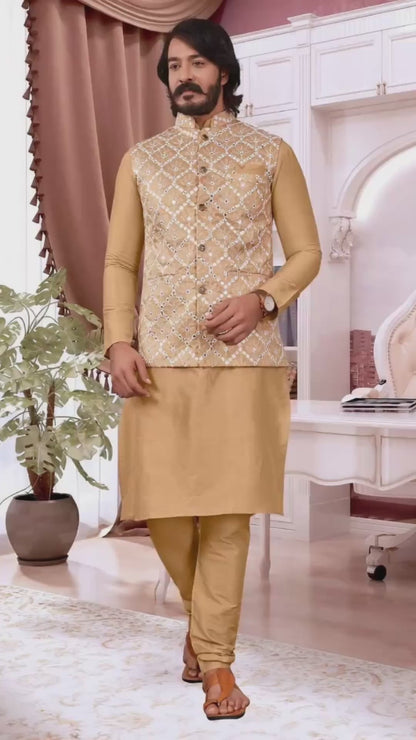 KPD2053 Golden Kurta Pyjama Set With Designer Mirror Work Jacket (Koti) and Pocket Square