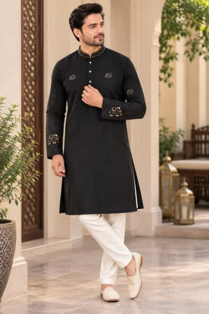 KPD6322 Black Elephant Embroidered Kurta for Men