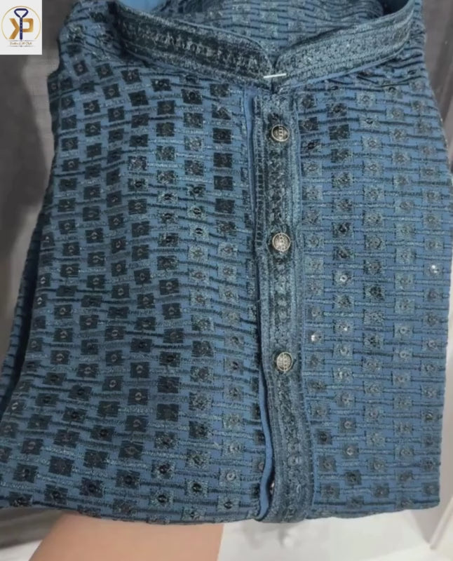 teal luckhnowi sequin work kurta set