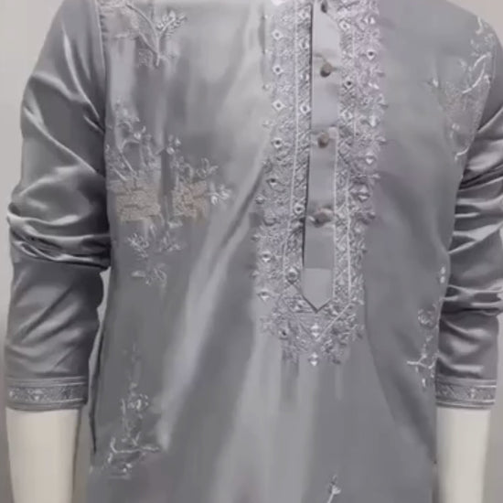 Silver Grey Thread and Sequin Work Kurta Pyjama Set for men