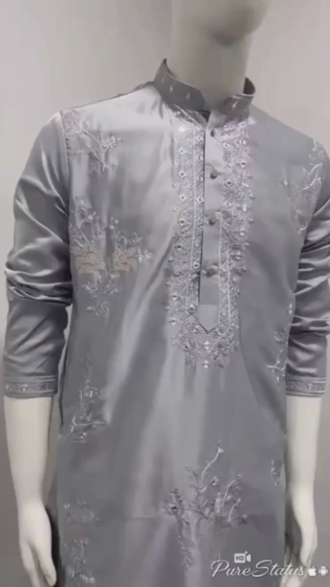 Silver Grey Thread and Sequin Work Kurta Pyjama Set for men