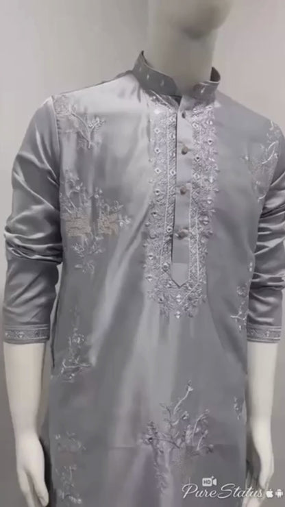 Silver Grey Thread and Sequin Work Kurta Pyjama Set for men