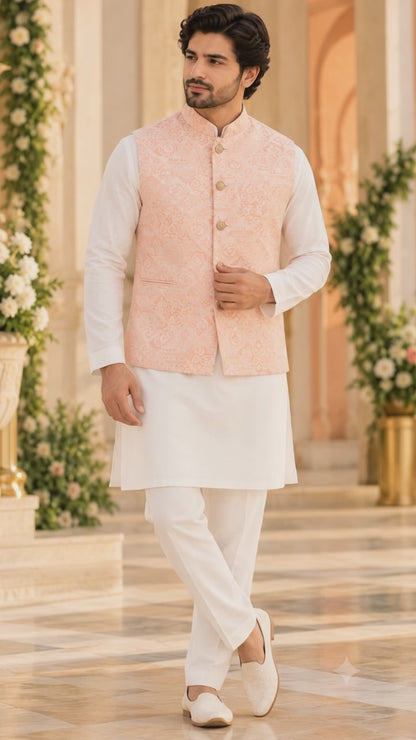 KPJ8005 Pastel Peach Woven Jacquard Nehru Jacket