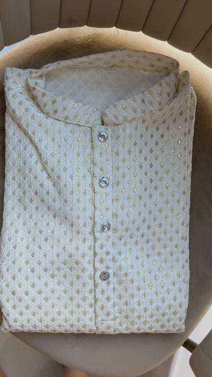 KPD6161 White Gold Jacquard Weave Kurta Pyjama Set with Metallic Shine