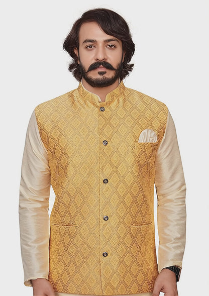 KPC6068 Cream Kurta with Designer Jacket Square boxes Yellow Color