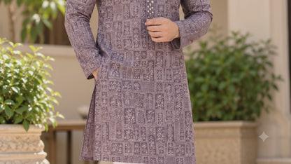 KPD6019 Dusty Mauve Printed Kurta with White Pyjama Set