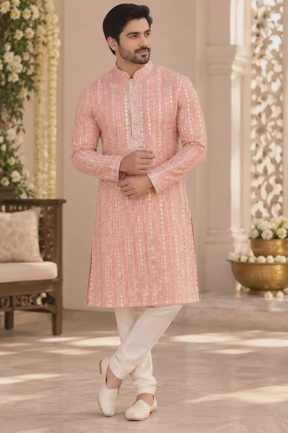 KPD6325 Peach sequins work kurta with White Pyjama