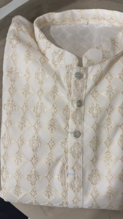 KPD6160 Ivory Gold Jacquard Weave Kurta Pyjama Set with Metallic Shine