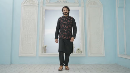 KPD2009 Black Kurta Pyjama Set With Designer Black Jacket (Koti) and Pocket Square