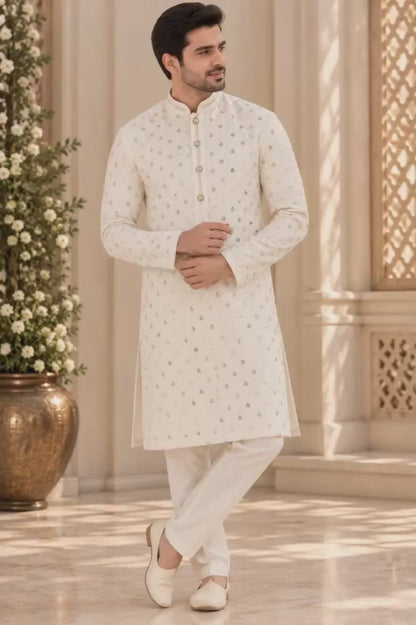 KPD6003 Plus Size Cream gold sequins work kurta with White Pyjama
