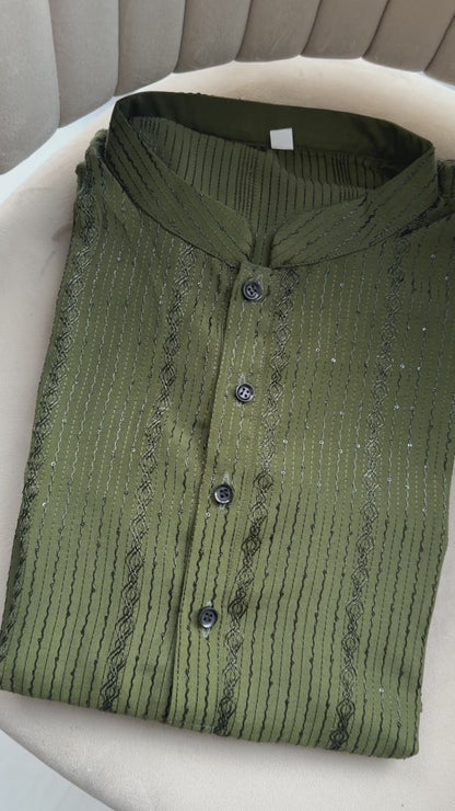 KPD6156 Olive Green Sequin Kurta Pyjama Set