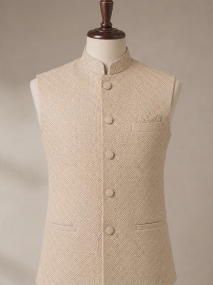 KPD6261 Beige Gold Nehru Jacket With Brown Kurta Pyjama Set