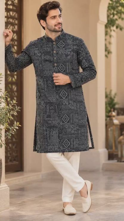 KPD6323 Black Geometric Printed Kurta with White Pyjama