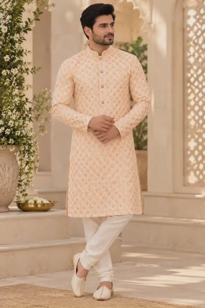 KPD6330 Light peach with sequins work kurta with White Pyjama