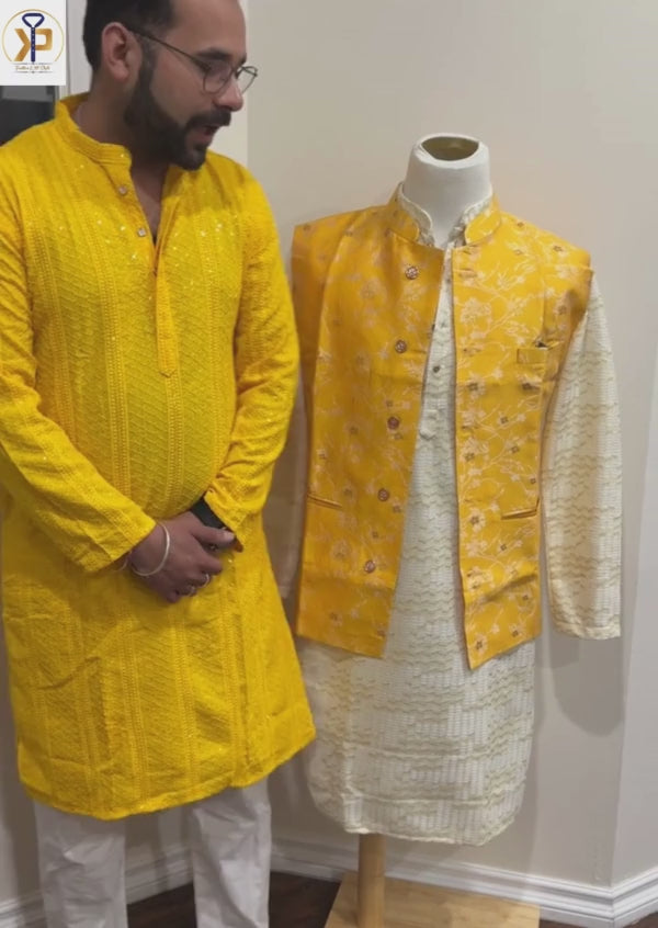 white kurta and mustard nehru jacket set