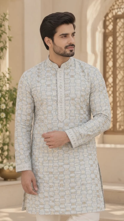 KPD6329 Grey thread and gold sequins work kurta with White Pyjama