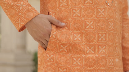 KPD6015 Orange Printed Kurta with White Pyjama Set