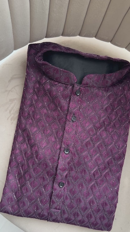 KPD6157 Deep Wine Jacquard Weave Kurta Pyjama Set with Metallic Shine