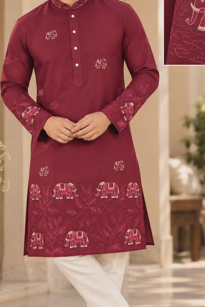 KPD6318 Red Embroidered Elephant Motif Kurta with White Pyjama for Men