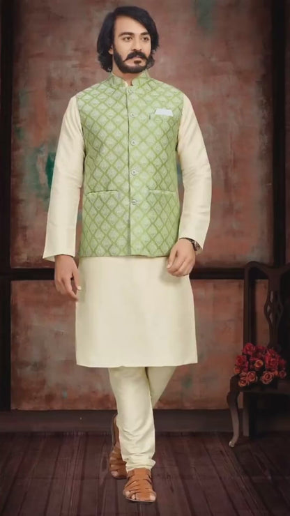 KPD2019 Cream Kurta Pyjama Set With Designer Pale Green Floral Jacket (Koti) and Pocket Square