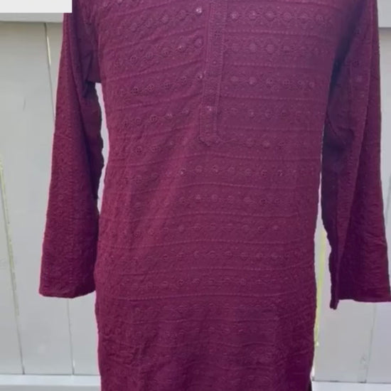 maroon chikankari kurta pyjama for men