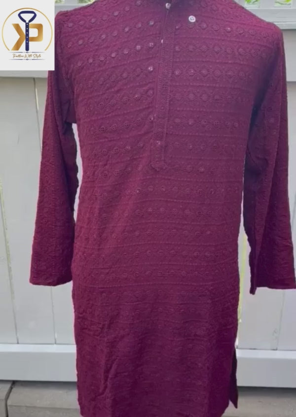 maroon chikankari kurta pyjama for men