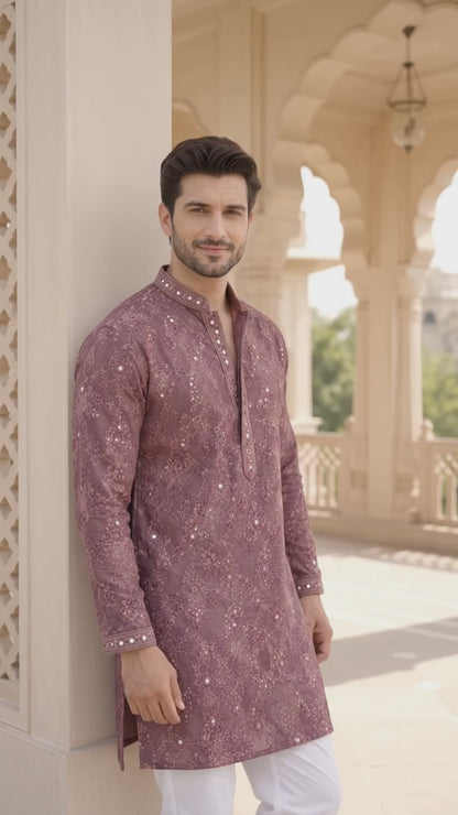 KPD6095 Mauve Mirror and Thread Work Kurta with White Pyjama Set