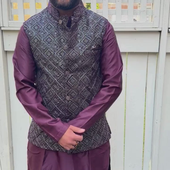 Velvet Wine Nehru Jacket & Wine Kurta Pyjama