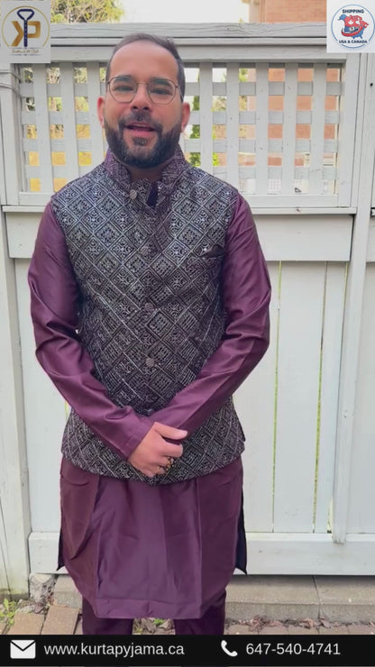 Velvet Wine Nehru Jacket & Wine Kurta Pyjama